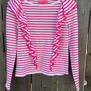 Lilly Pulitzer Ruth ruffle Sweater pink tango Stripe XS